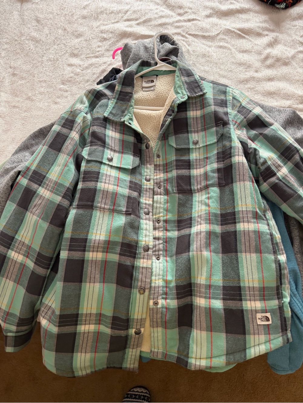 The North Face Women’s Mint Green Plaid Sherpa-Lined Flannel Shirt Jacket